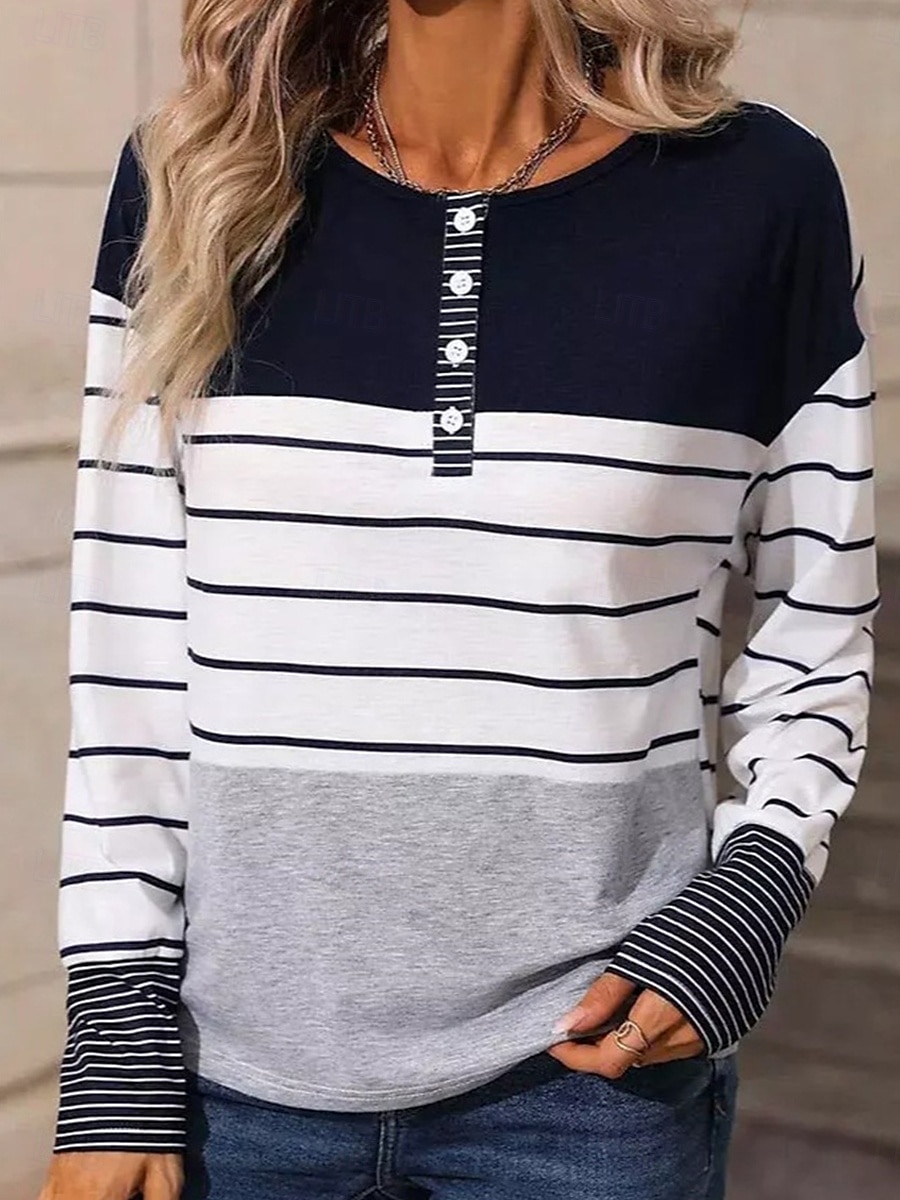 Dame T skjorte Stripet Mote Moderne Fritid Langermet Crew-hals Vanlige topper Daglig Helg Knapper Trykt mønster Hvit Høst Vinter 2025 - $29.99 –P1