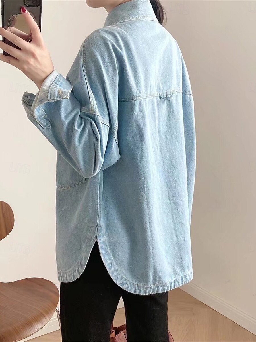 Per donna Giacca di jeans Esterno Strada Da tutti i giorni Autunno Inverno Standard Cappotto Standard Tenere al caldo Traspirante Moda Informale Giacca Manica lunga Tinta unica Con tasche Blu del 2025 a $38.99 –P4