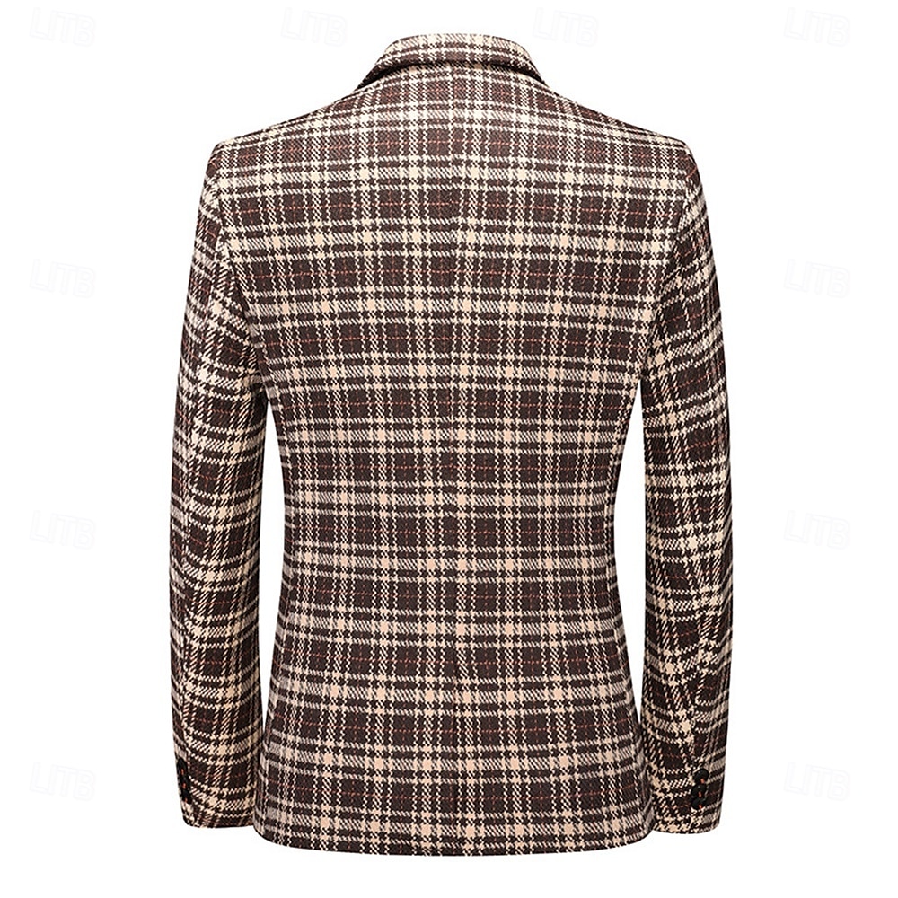 Men's Blazer Business Cocktail Party Wedding Party Fashion Casual Spring & Fall Polyester Plaid Button Pocket Comfortable Single Breasted Blazer Black khaki Gray 2025 - $77.99 –P9