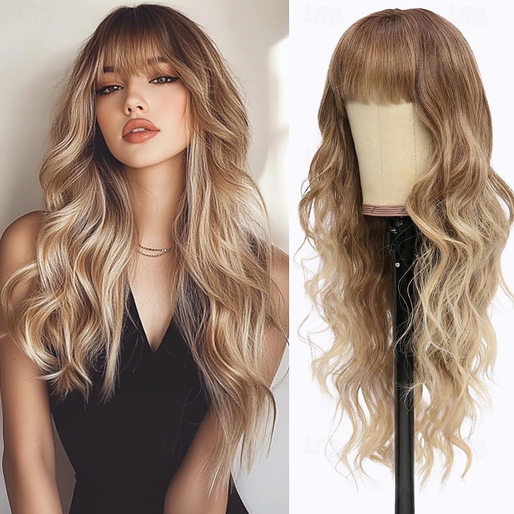perruque longue ondulée avec frange pour femmes blanches perruques féminines d'aspect naturel avec racines foncées perruque de cheveux en fibre synthétique pour une utilisation quotidienne en soirée de 2025 ? $19.99 –P1