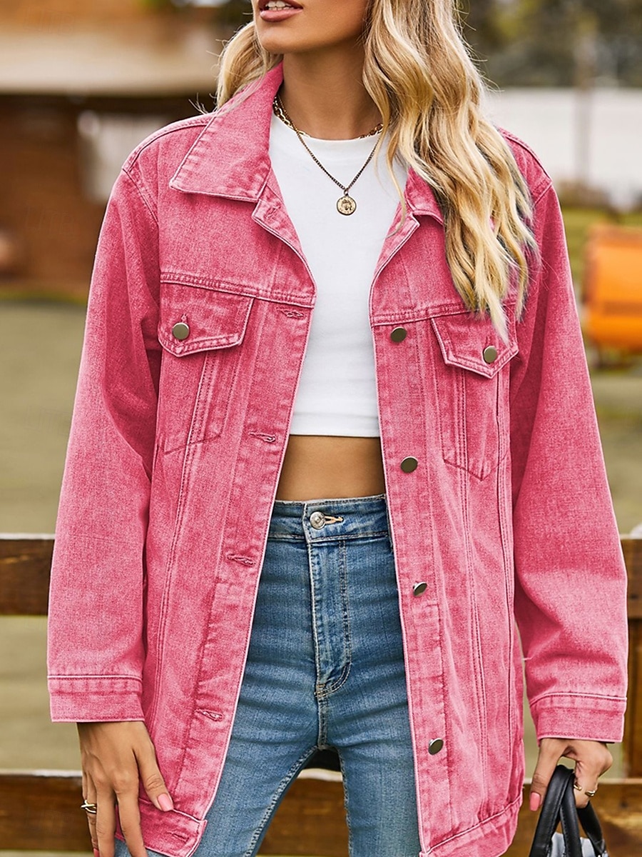 Women's Denim Jacket Outdoor Street Daily Wear Fall Winter Regular Coat Regular Fit Thermal Warm Breathable Stylish Casual Jacket Long Sleeve Solid Color with Pockets Light Blue Black Pink 2025 - $62.99 –P5