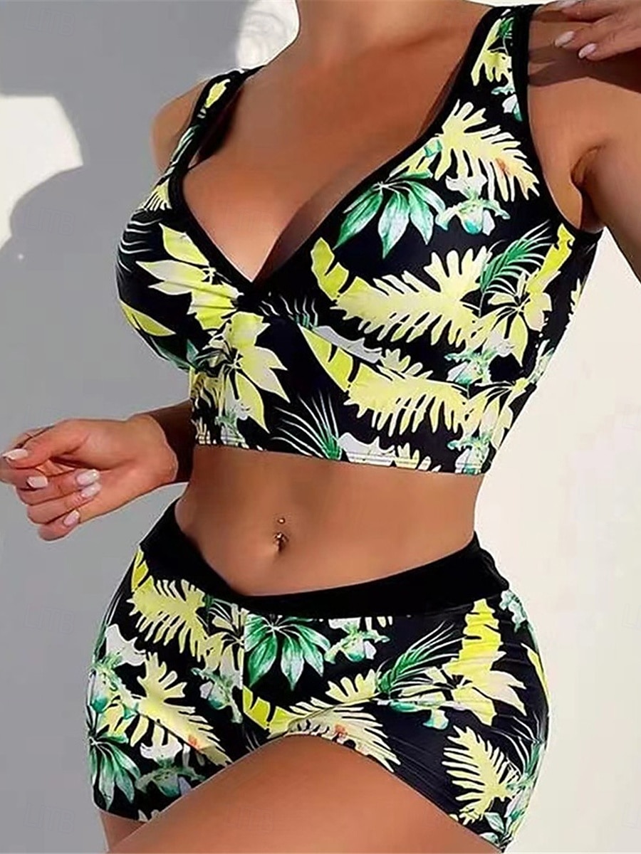 Dam Badkläder Bikini 2 st Pojkeben Baddräkt Öppen rygg Hög midja Smal Semester Standkläder Blommig Löv V-hals Ärmlös Baddräkter 2025 - $25.99 –P5
