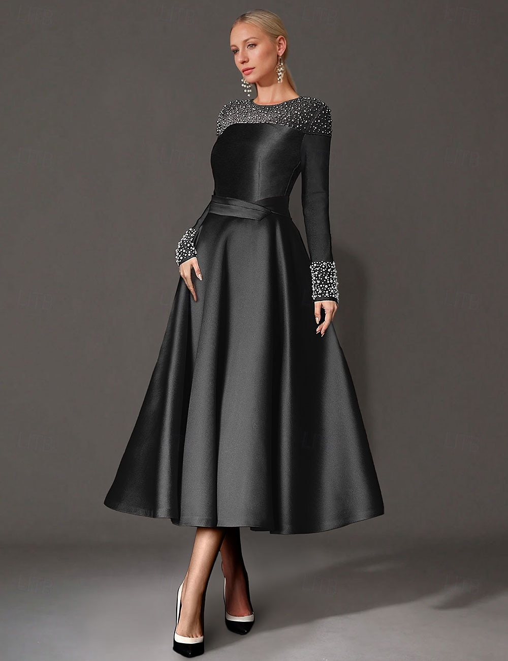 A-Line Cocktail Dresses Elegant Dress Formal Tea Length Long Sleeve Jewel Neck Satin with Pearls Dresses 2025 - $206.99 –P4