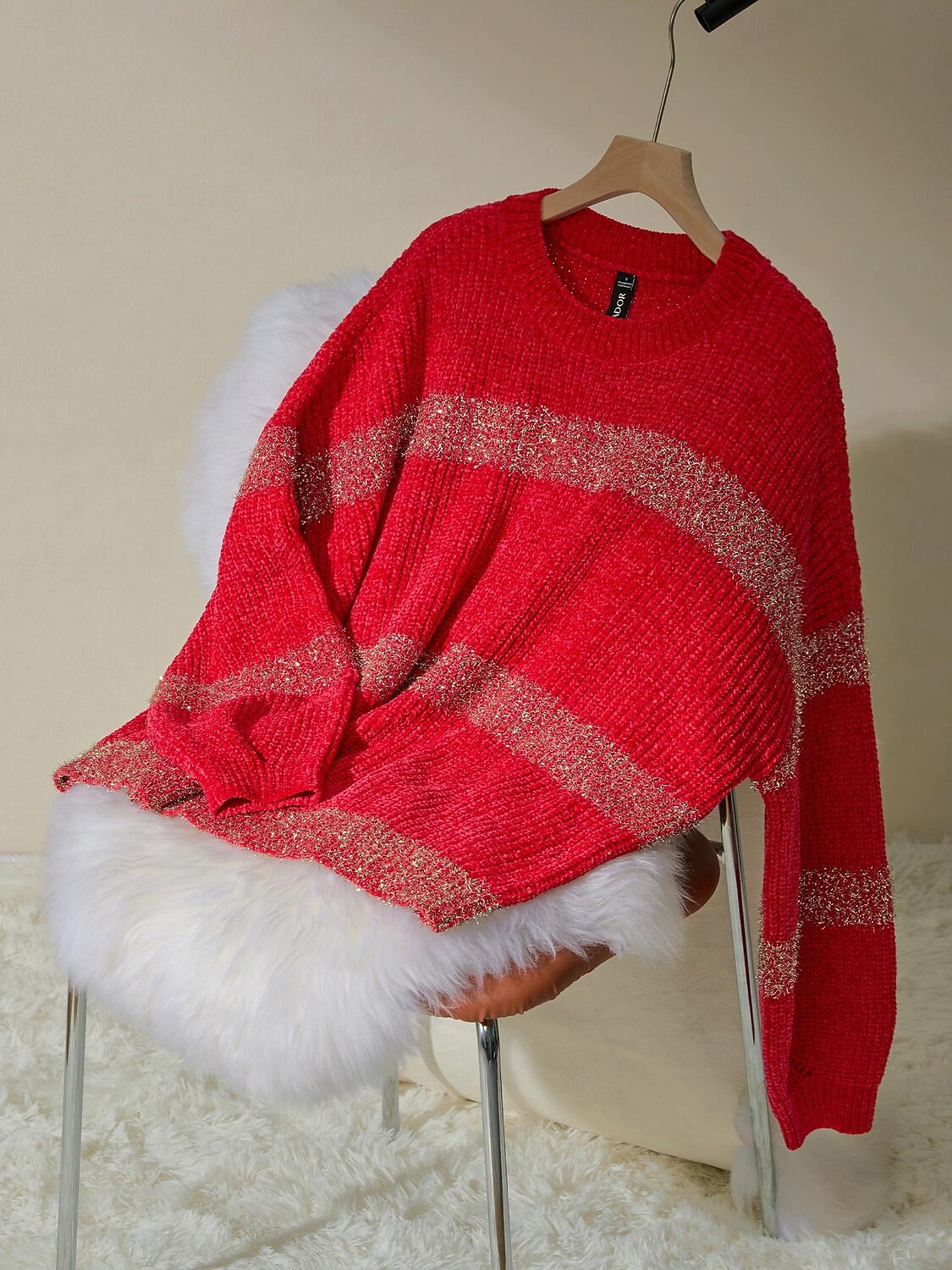 Per donna Felpa Girocollo A coste Maglia Ciniglia Manica normale Autunno inverno Informale Maglia Manica lunga Banda Rosa Rosso S M L del 2025 a $69.99 -P1