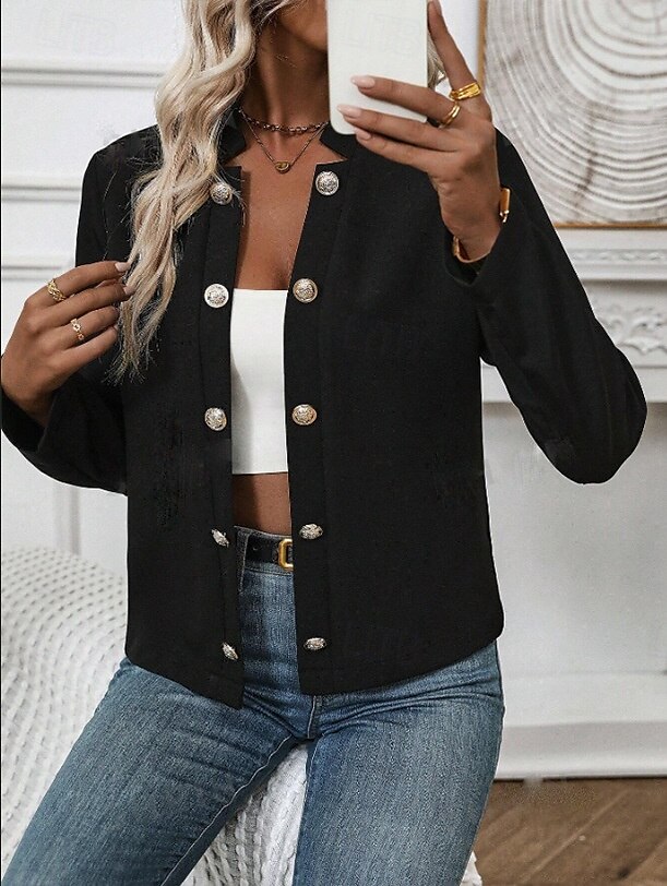 Per donna Giacca Ufficio Pulsante Tinta unica Comodo Stile retrò Standard Capispalla Manica lunga Autunno Nero S del 2025 a $46.99 –P6