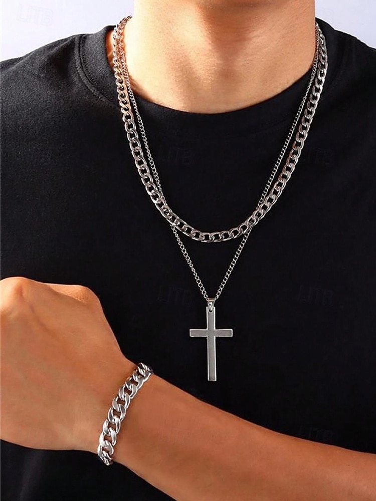 Men's Alloy Cross Necklace, Chain Bracelet, and Engraved Ring Set – Durable and Stylish Christian Jewelry 2025 - $11.99 –P2