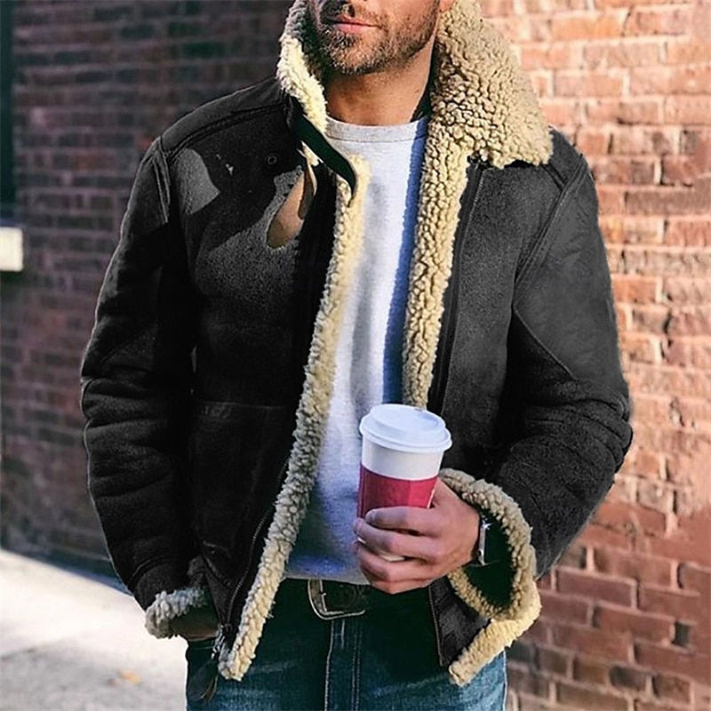 Men's Faux Leather Jacket Fleece Jacket Biker Jacket Motorcycle Jacket Daily Vacation Windproof Warm Pocket Fleece Fall & Winter Plain Fashion Classic Lapel Regular Black Red Green Khaki Jacket 2025 - $48.99 –P1