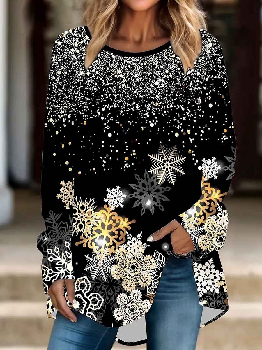 Camiseta de mujer de manga larga impresión de copos de nieve casual cuello redondo negra dorada plateada vacaciones festiva moda de invierno comodidad ajuste relajado múltiples tamaños 2025 - $27.99 –P1