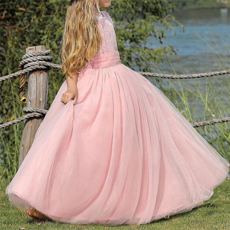Infantil Para Meninas Vestido de daminha de honra Vestido de festa Côr Sólida Sem Manga Espetáculo Casamento Festa Com Transparência Frente Única Patchwork Elegante Doce Poliéster Renda Longo Vestido de 2025 por $44.99 –P4