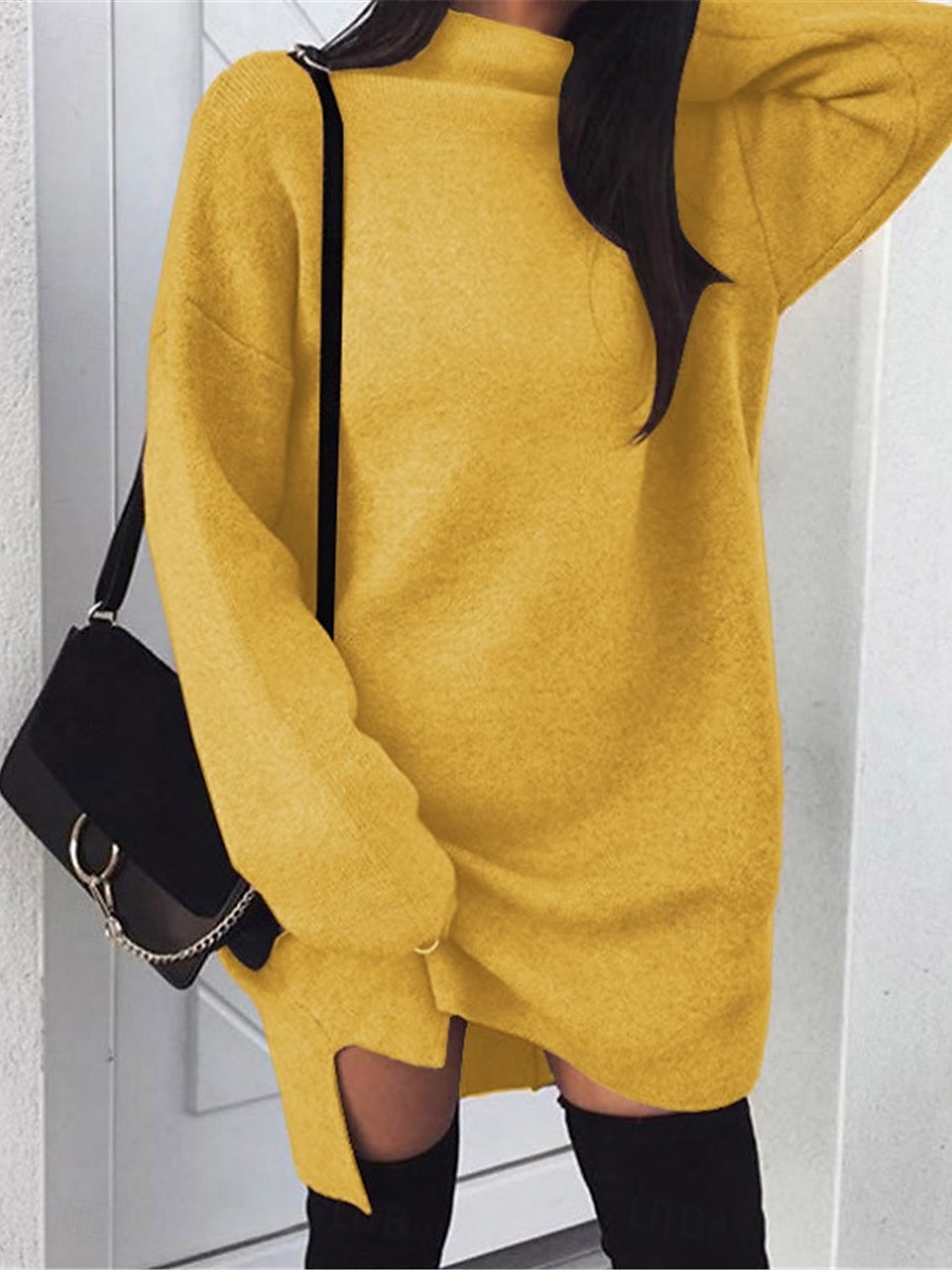 Women's Casual Dress Mini Dress Split Casual Stand Collar Long Sleeve Black Yellow Pink Color 2025 - $27.99 –P3