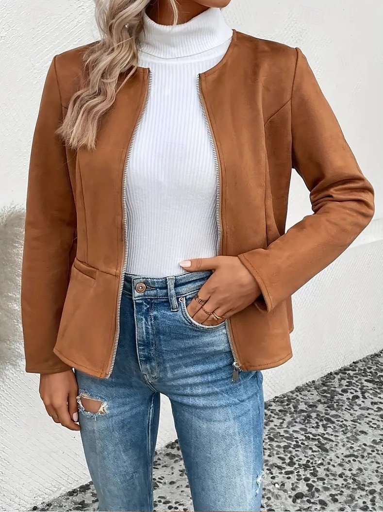 Damen Jacke Schulanfang Zip Feste Farbe Vintage Regular Fit Oberbekleidung Langarm Frühling Schwarz S 2025 - $28.99 –P1