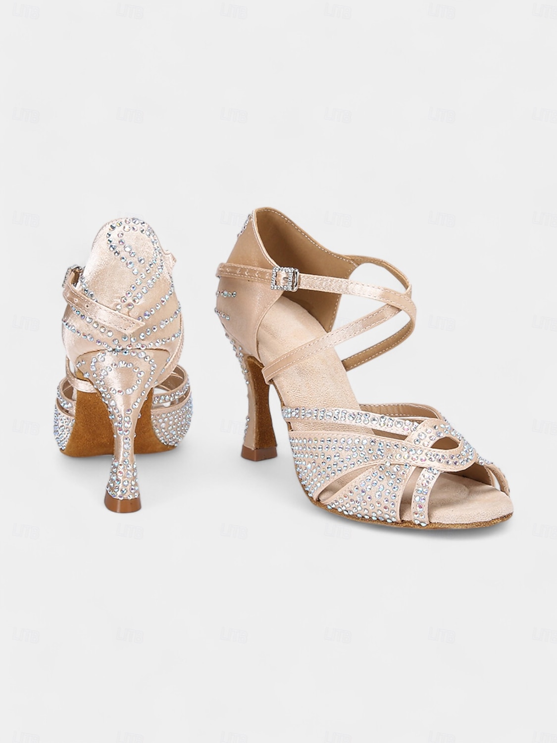 Escarpins de danse pour femmes en strass dorés avec brides croisées et semelle en daim – idéals pour les spectacles de danse de salon et de danse latine de 2025 ? $54.99 –P12
