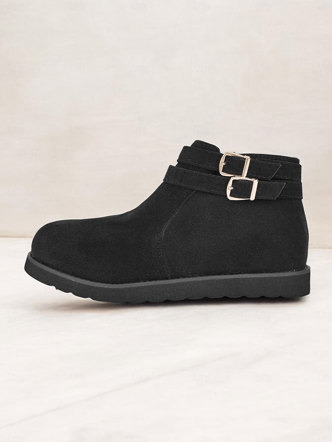 Schwarze Damenstiefeletten aus Wildlederimitat mit Schnalle – lässige, flache Winterstiefel mit Doppelriemen für Komfort im Alltag 2025 - $29.99 –P4