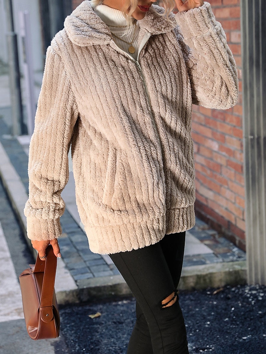 Dam Fleece-jacka Teddyrock Håller värmen Andningsfunktion Dragkedja Ficka Fleecefodrad Ledigt Slät Semester Gata Dagliga kläder Utekväll Dragkedja Normal Nedvikt Normal Långärmad Ytterkläder Kaffe 2025 - $52.99 –P5