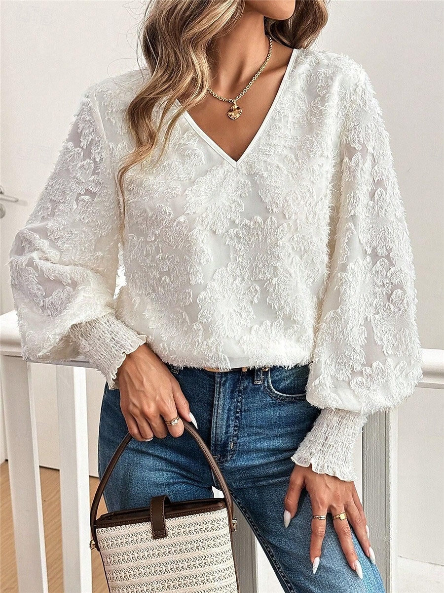 Damen Hemd Bluse Feste Farbe Basic Brautkleider schlicht Langarm Laternenärmel V Ausschnitt Normale Oberteile Täglich Spitze Bestickt Weiß Herbst Winter 2025 - $34.99 –P4