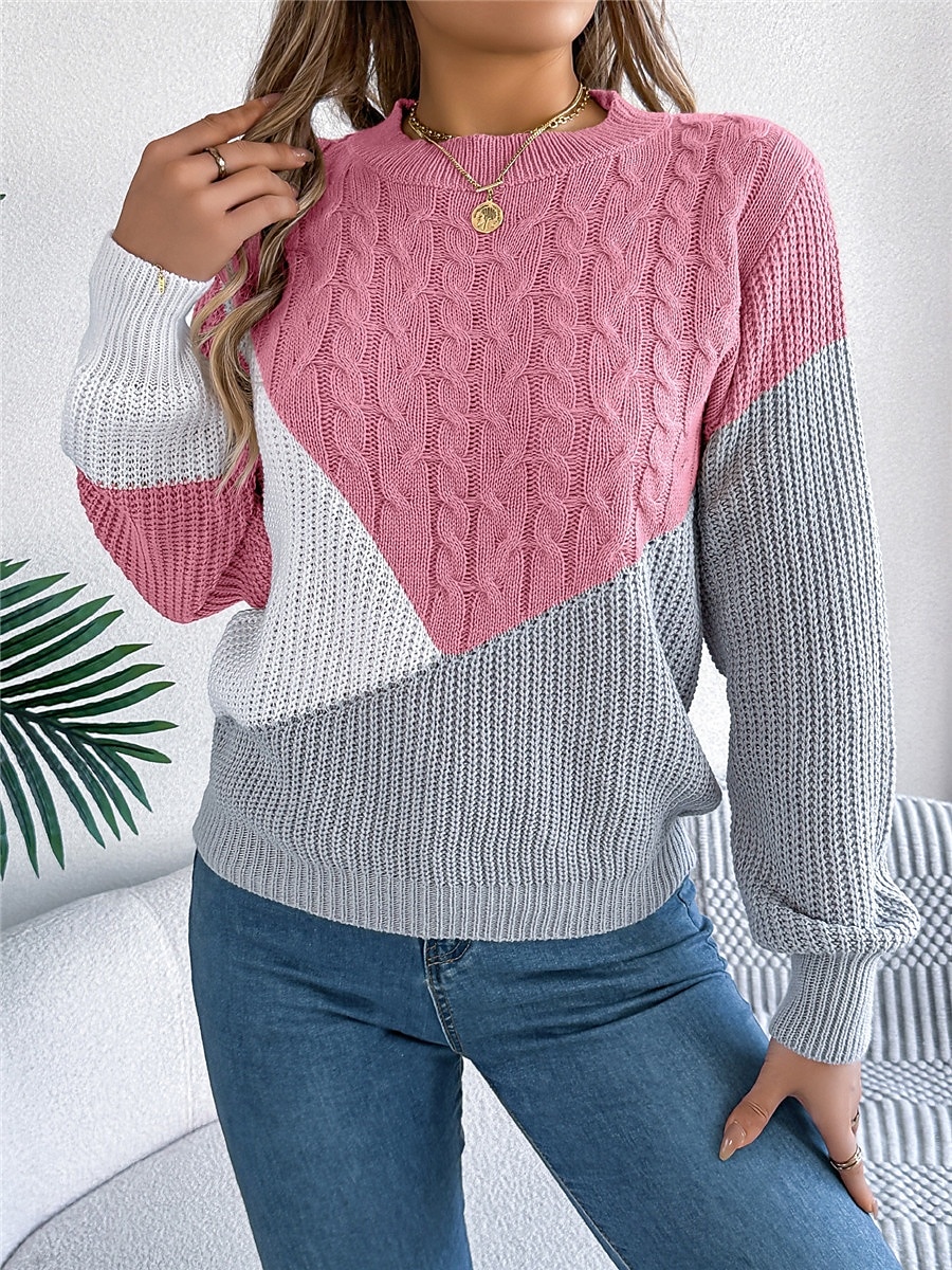 Dame Genser Pullover genser Fritid Myk Fargeblokk Riflet Crew-hals Lapper Strikket Langermet Vanlige topper Strikke utendørs Daglig Helg Svart Rosa Høst Vinter 2025 - $29.99 –P12