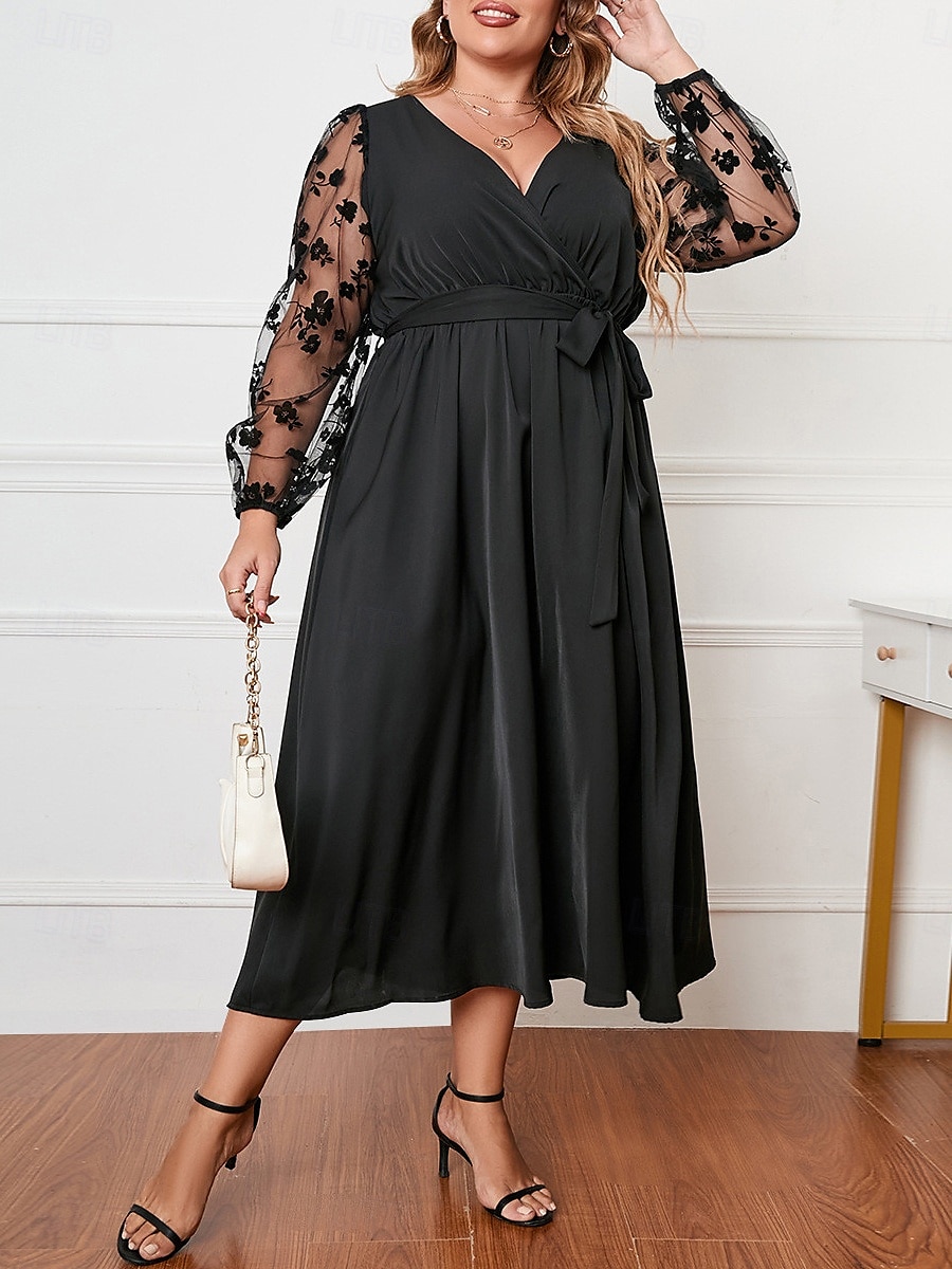 Dam Plusstorlekar Kurva Vardagsklänning Swingklänning A linjeklänning Ensfärgat Långklänning Maxiklänning Långärmad Spets Lappverk V-hals Mode Utomhus Svart Höst XL 2XL 3XL 4XL 2025 - $36.99 –P3