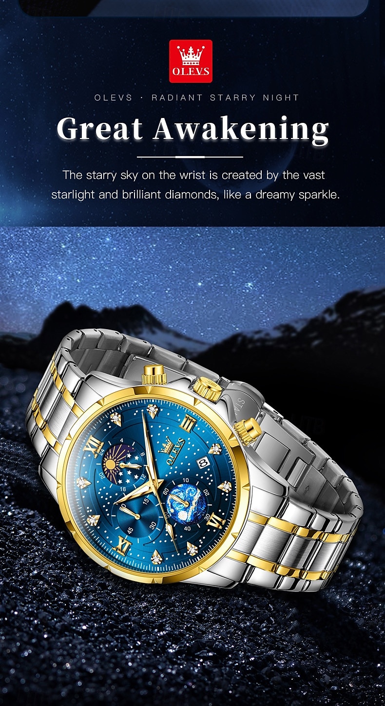 olevs 9807 herenhorloge modetrend multifunctioneel origineel sterrenhemel waterdicht maanfase horloge luxe merk heren quartzhorloge 2025 - $34.99 –P4