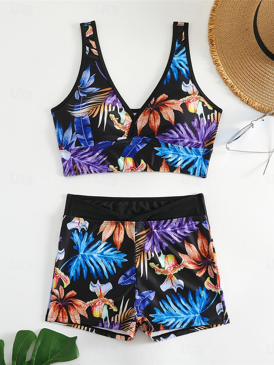 Dam Badkläder Bikini 2 st Pojkeben Baddräkt Öppen rygg Hög midja Smal Semester Standkläder Blommig Löv V-hals Ärmlös Baddräkter 2025 - $25.99 –P7