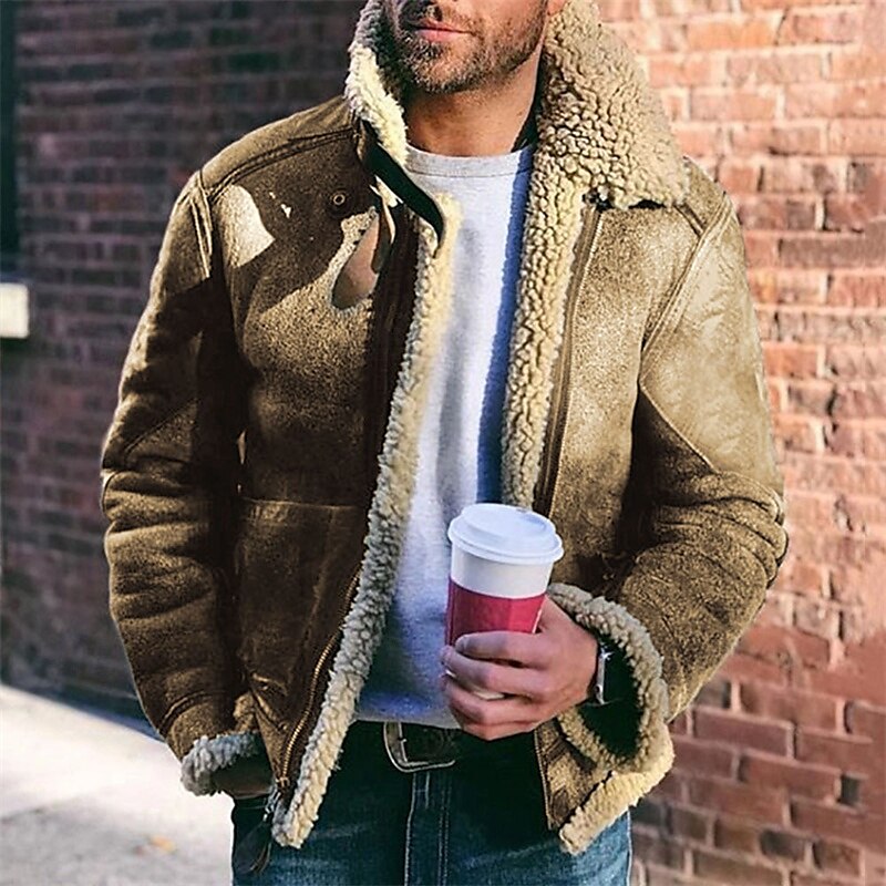 Men's Faux Leather Jacket Fleece Jacket Biker Jacket Motorcycle Jacket Daily Vacation Windproof Warm Pocket Fleece Fall & Winter Plain Fashion Classic Lapel Regular Black Red Green Khaki Jacket 2025 - $48.99 –P2