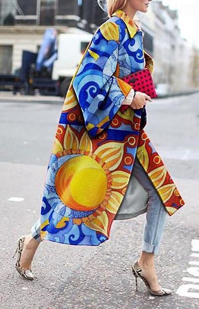 Women's Blazer Office Work Street Fall Winter Long Coat Loose Fit Thermal Warm Comtemporary Stylish Casual Jacket Long Sleeve Print Floral Print Red Blue Green 2025 - GBP £60.99 –P3
