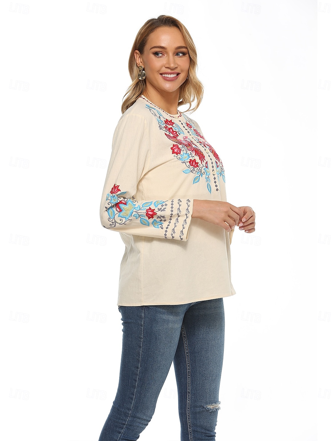 Dam Boho skjorta Linneinspirerade skjortor Blommig Blomma Ledigt Långärmad Biskop Rund hals Hög hals Vanliga toppar Alla hjärtans dag Arbete Dagligen Broderad Beige Vår, Höst, Vinter, Sommar 2025 - $34.99 –P3