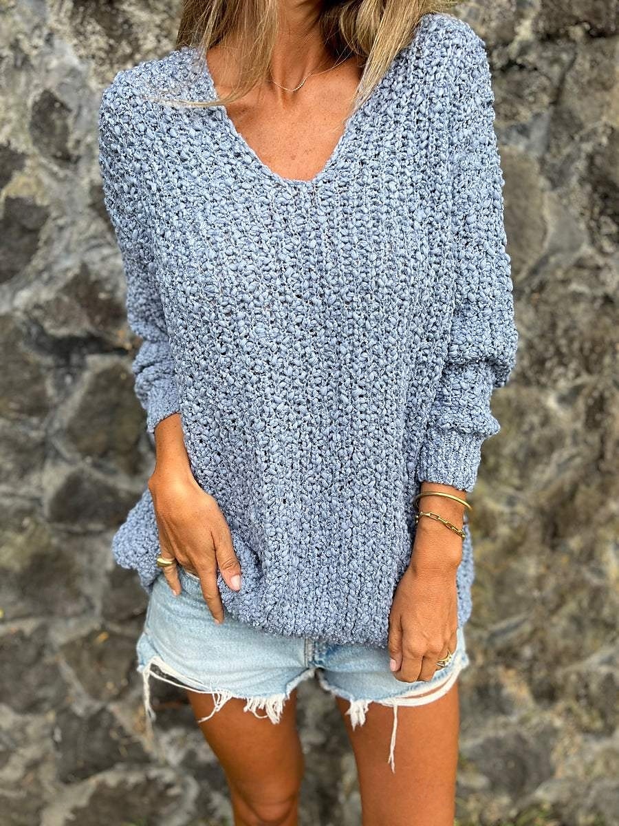 Femme Pull Chandail Elégant Mode du quotidien Couleur unie Col V Tricoté Texturé manche longue Hauts réguliers Tricoter Extérieur Bleu Fuchsia Automne Hiver de 2025 ? $31.99 –P7