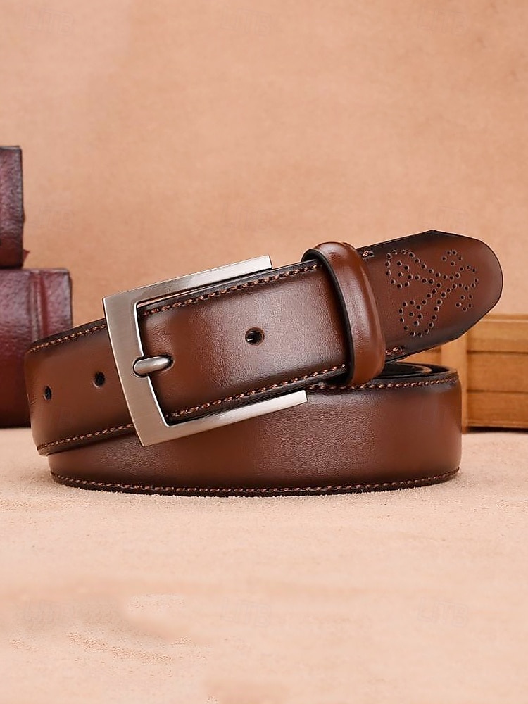cinto de couro marrom masculino – design de fivela clássico com padrão em relevo, perfeito para uso casual e formal de 2025 por $18.99 –P3