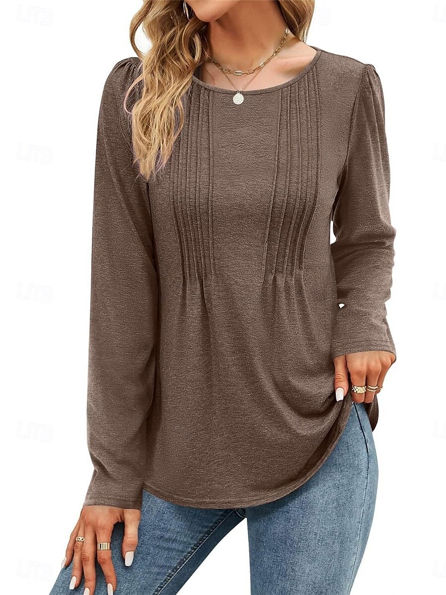 Damen T Shirt Glatt Modisch Modern Brautkleider schlicht Langarm Rundhalsausschnitt Normale Oberteile Täglich Wochenende Rote Braun Beige Herbst Winter 2025 - $31.99 –P4