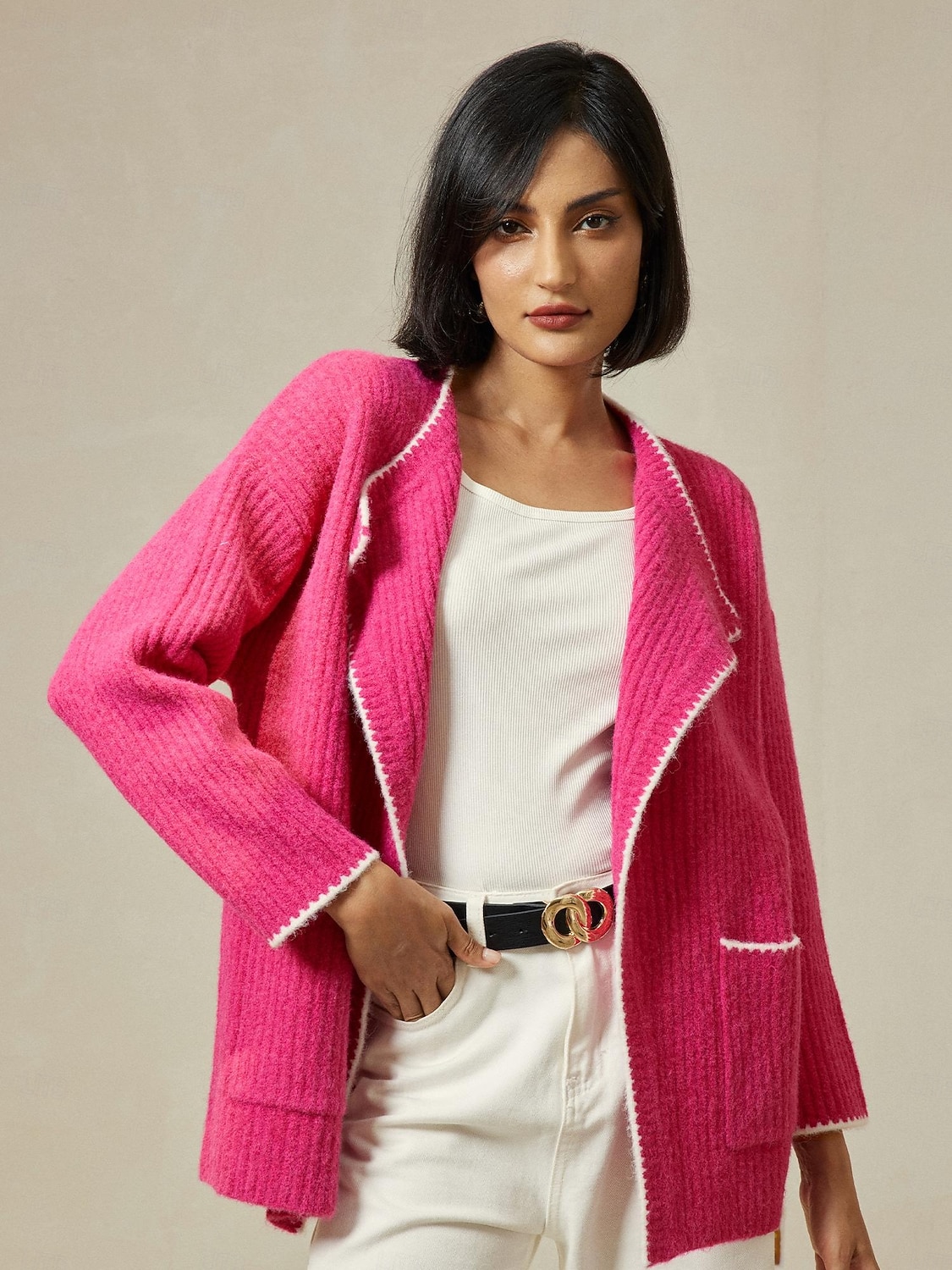 Dam Kofta Nedvikt Ribbad Sticka Ullblandning Färgblock Drop Shoulder Höst vinter Ledigt / vardag Ledigt vardag Långärmad Kontrastfärg Rosenröd S M L 2025 - $9.99 –P4