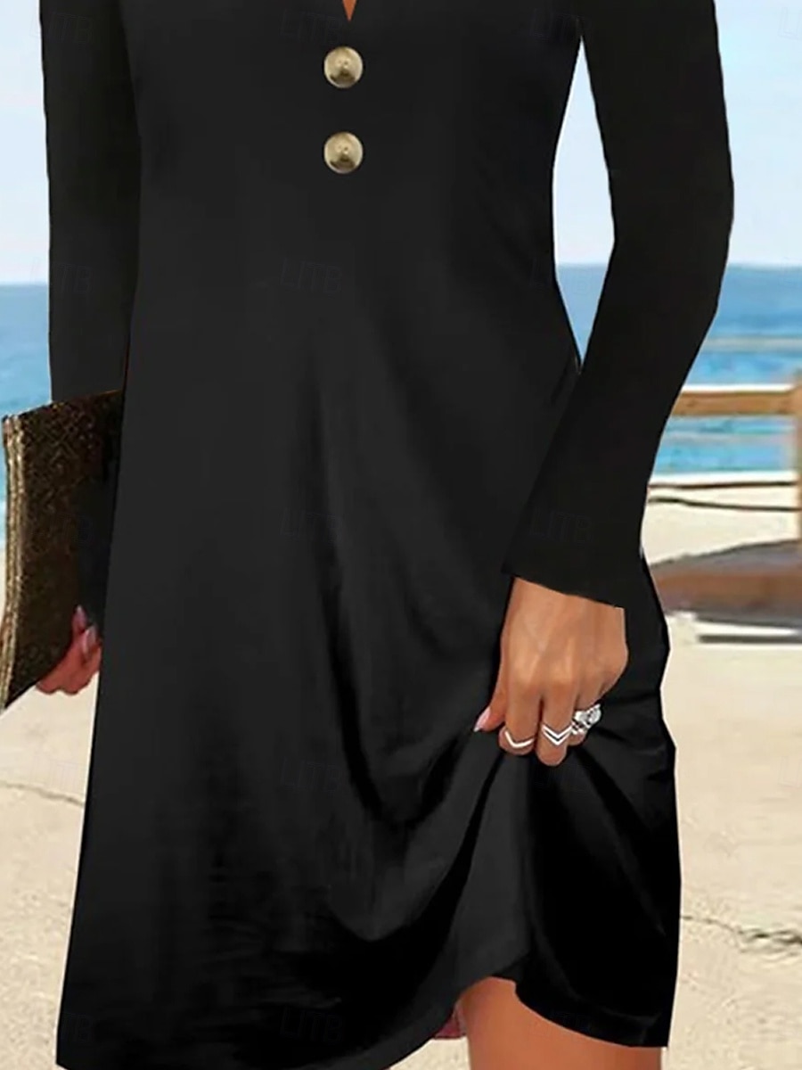 Per donna Vestito nero Mini abito Pulsante Elegante A V Manica lunga Nero Colore del 2025 a $29.99 –P2