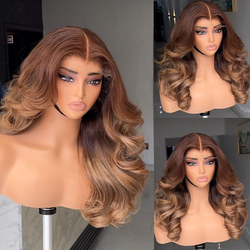 Braziliaanse maagdelijke menselijke haar lijmloze ombre kant voor golvende pruik kastanjebruin lichtbruine menselijke haar pruik tweekleurige pruiken voorgeplukt voor vrouwen 2025 - $235.79 –P2