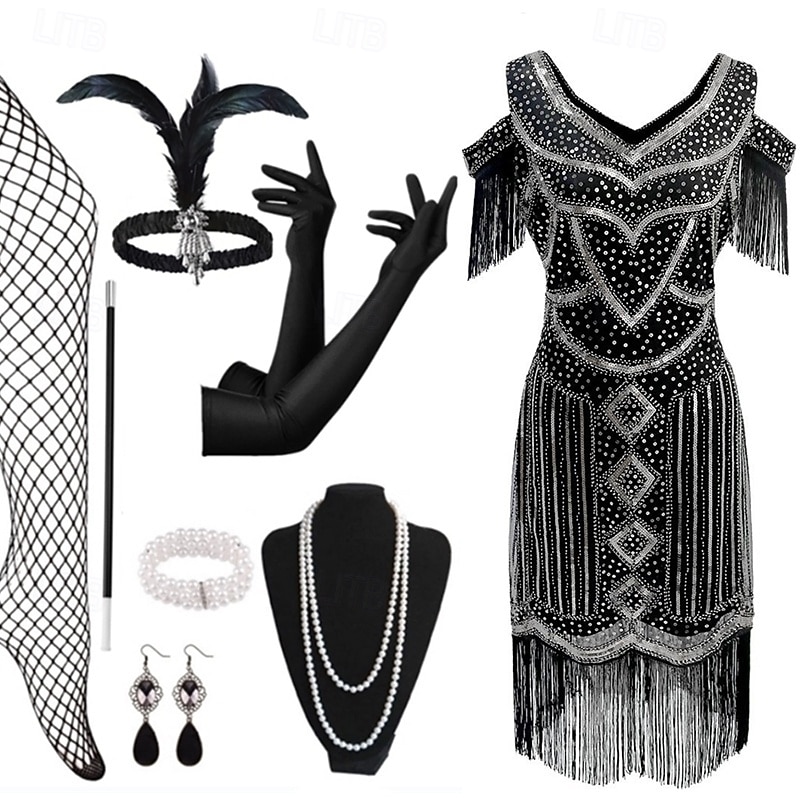 Conjunto Rugido 20s 1920s Hasta la Rodilla Vestido Flapper Accesorios Vestido de fiesta de graduación con accesorios Hombro frío El gran Gatsby Invitado a la boda Lentejuelas Borlas Pluma Escote en 2026 - $54.99 –P4