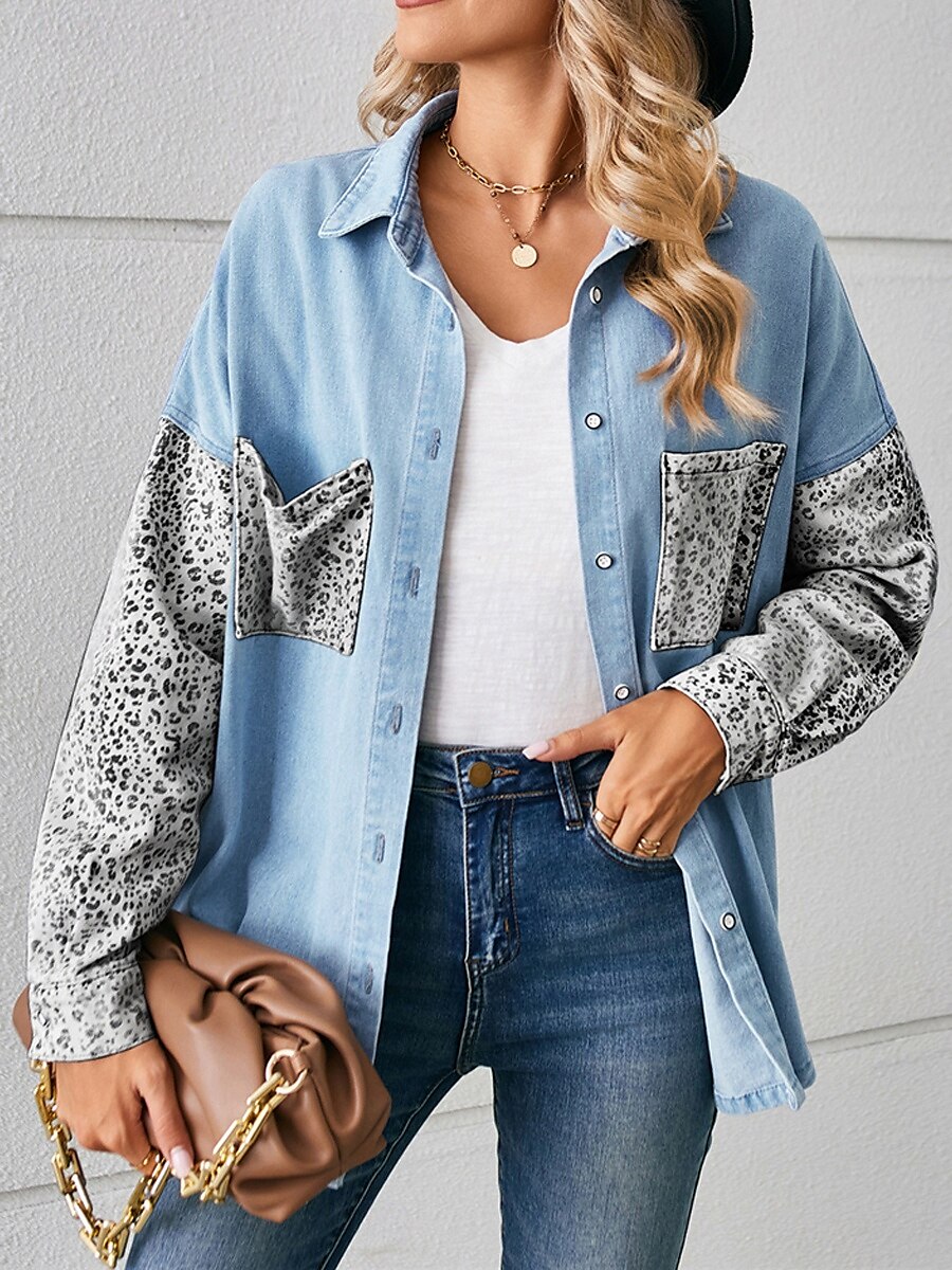 Per donna Giacca di jeans Esterno Strada Da tutti i giorni Autunno Inverno Standard Cappotto Standard Traspirante Moda Informale Giacca Manica lunga Leopardo Con tasche Stampa Nero Bianco Blu del 2025 a $36.99 –P5