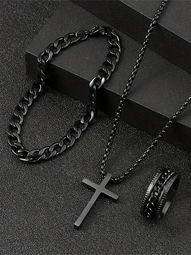 Men's Alloy Cross Necklace, Chain Bracelet, and Engraved Ring Set – Durable and Stylish Christian Jewelry 2025 - $11.99 –P4