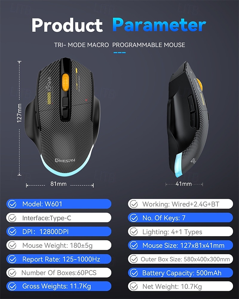 2025年 mkespn ワイヤレス 2.4g Bluetooth 3モード接続マウス 12800dpi マクロ調整 RGB ゲーミングマウス プログラム可能 500mAh 充電可能  コレクション – $33.99 -P10