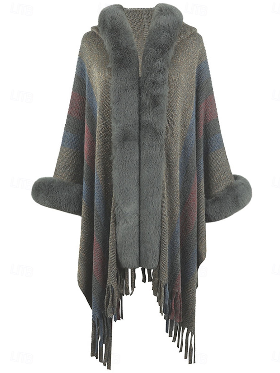 Women's Cloak / Capes Outdoor Street Daily Wear Fall Winter Regular Coat Regular Fit Thermal Warm Breathable Stylish Casual Jacket Long Sleeve Stripe Faux Fur Trim Khaki Apricot Gray 2025 - $73.99 –P6