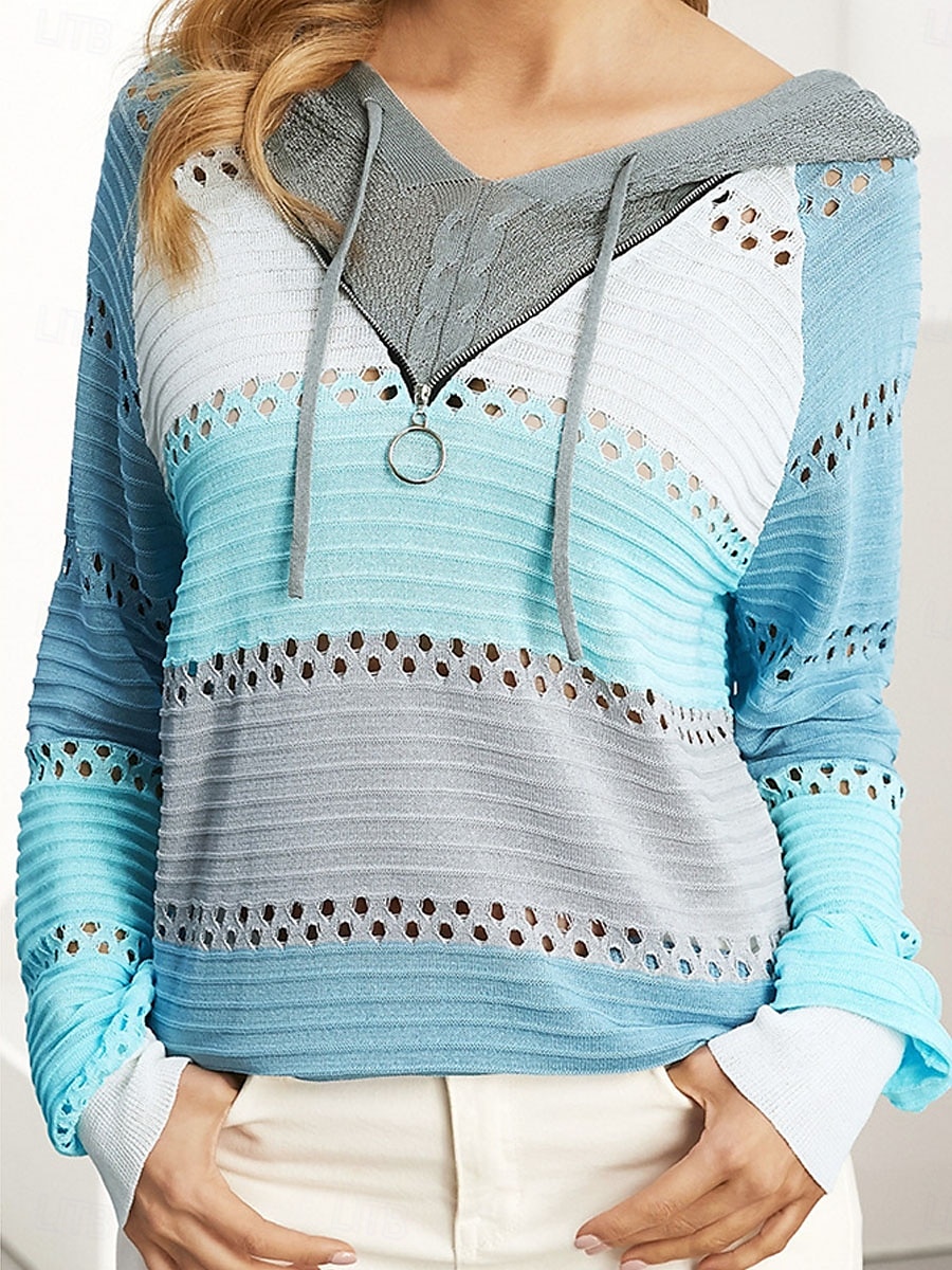 Women's Sweater Pullover Sweater Jumper Casual Soft Pure Color Ribbed Hooded Hollow Out Knitted Long Sleeve Regular Tops Knit Outdoor Daily Weekend Blue Gray Fall Winter 2025 - $56.99 –P3