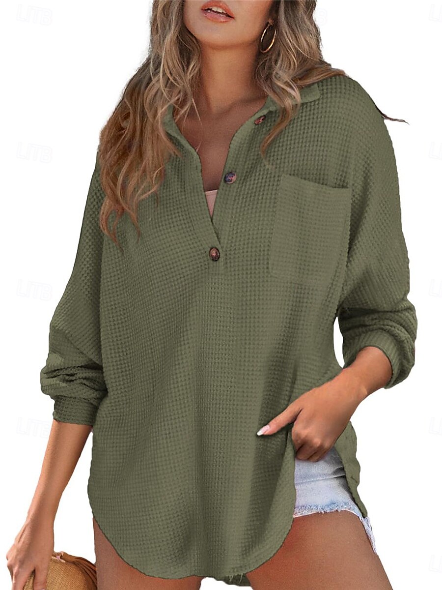 Dames Overhemd Blouse Effen Kleur Basic Casual Lange mouw Overhemdkraag Lange tops Dagelijks Knop Zak Zwart Fuchsia Groen Beige Herfst Winter 2025 - $24.99 –P5