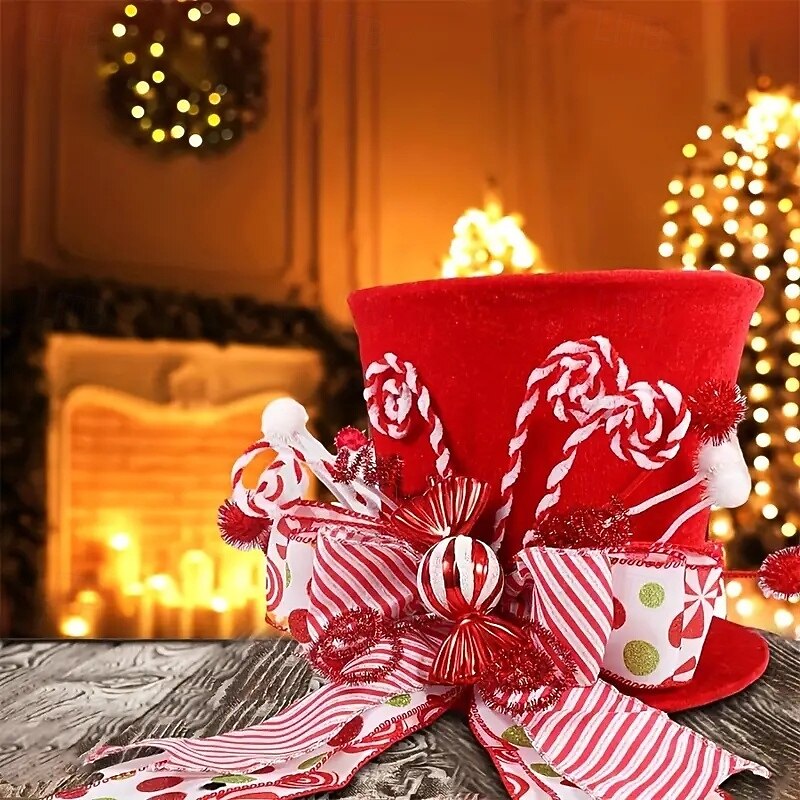 topo de árvore de natal clássico de poliéster vermelho com laço de palito de doce - perfeito para decoração de feriados em ambientes internos &uso externo de 2025 por $27.99 –P3