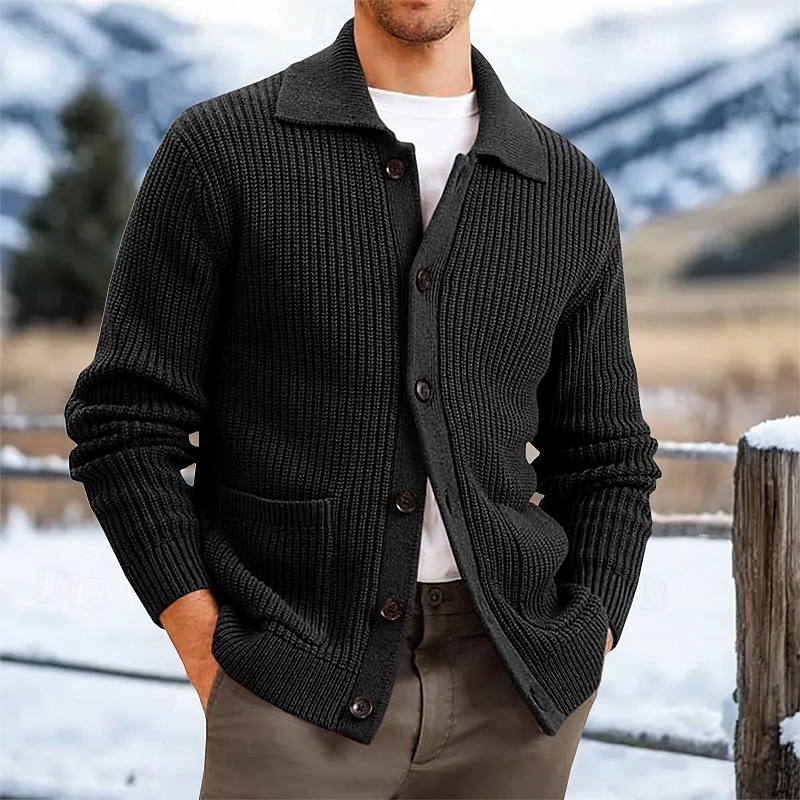 Herre Cardigan Genser Strikket genser Riflet Strikke Normal Knepp opp Sidelommer Helfarge Krage Mote Klassisk Dagligdagstøy Stevnemøte Klær Vår Høst vinter Svart Brun S M L 2025 - $41.99 –P4