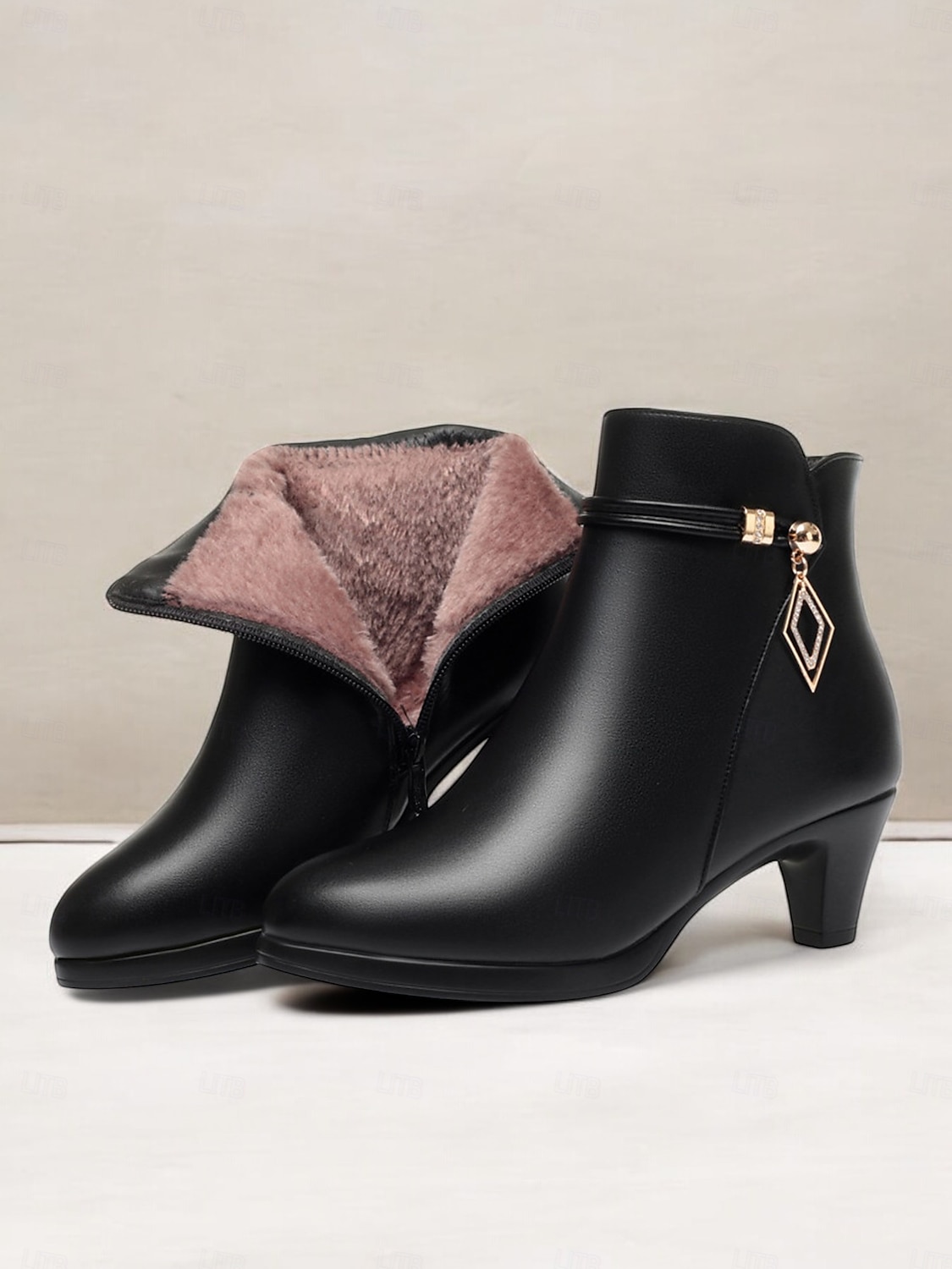 dames enkellaarsjes met bontvoering – warme winterhakken met rits aan de zijkant en chique gouden accenten voor casual en formele kleding 2025 - $46.99 –P3