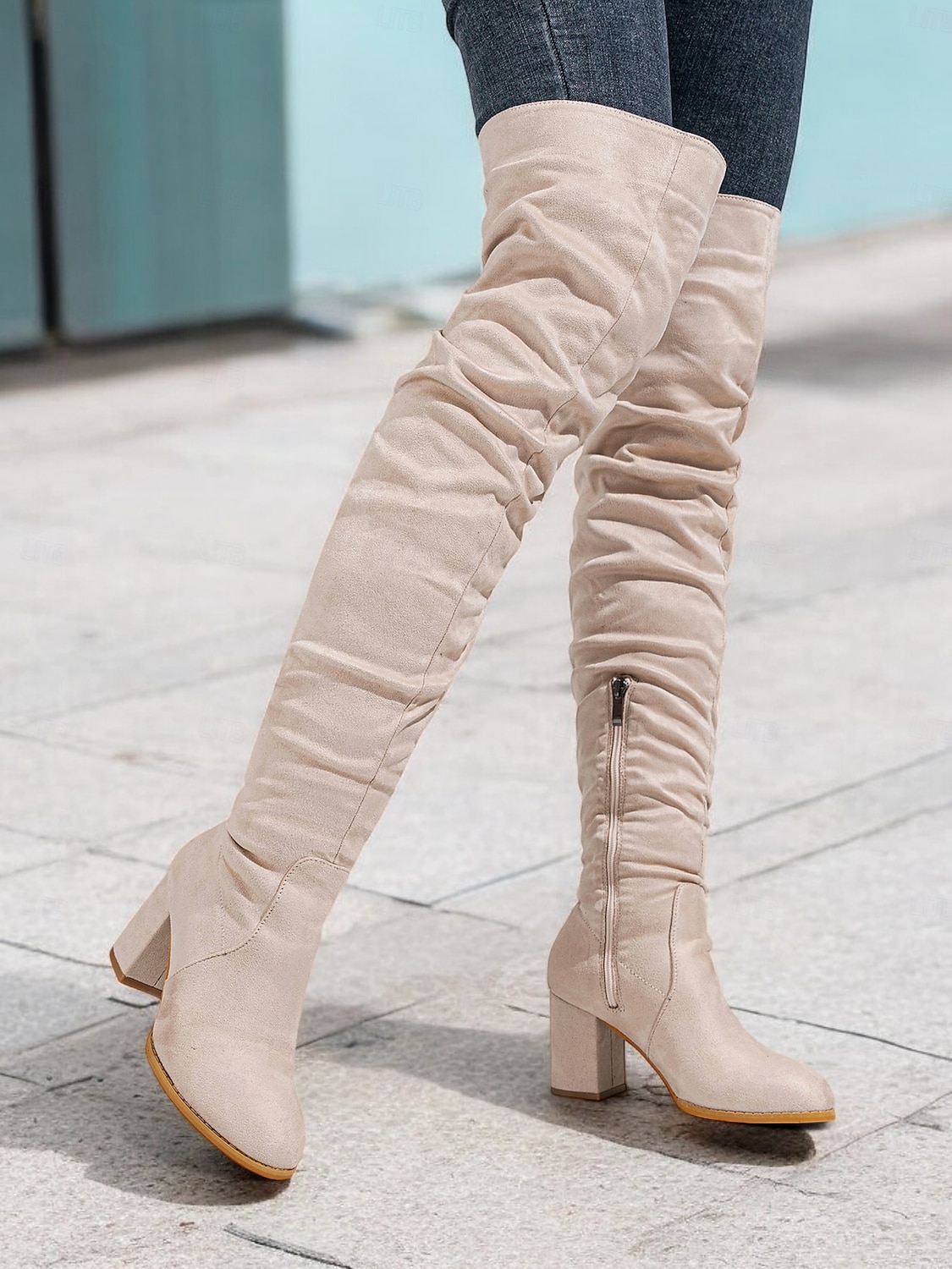 damskie zamszowe buty za kolano na klockowym obcasie – stylowy, luźny design z zapięciem na suwak, idealny na zimową modę 2025 - $64.99 –P1