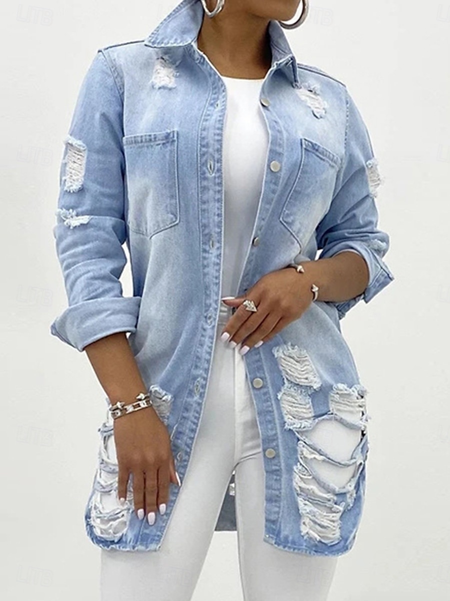 Dam Jeansjacka Utomhus Gata Dagliga kläder Höst Vinter Normal Täcka Normal Håller värmen Andningsfunktion Stylish Ledigt Jacka Långärmad Ensfärgat Med fickor Ljusblå Svart Marinblå 2025 - $62.99 –P4