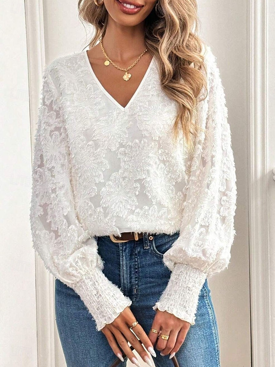 Damen Hemd Bluse Feste Farbe Basic Brautkleider schlicht Langarm Laternenärmel V Ausschnitt Normale Oberteile Täglich Spitze Bestickt Weiß Herbst Winter 2025 - $34.99 –P3