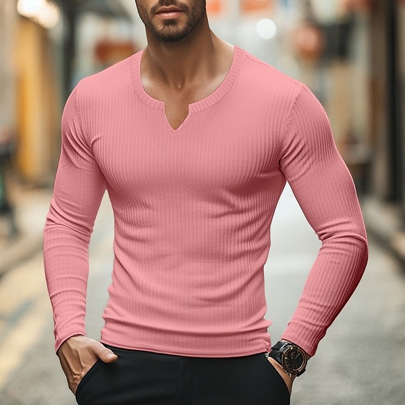 Herren T Shirt Geripptes Strick-T-Shirt T-Shirt Langarmshirt Langarm V Ausschnitt Sommer Frühling & Herbst Einfach Grubenstreifen Mode Designer Basic Gerippt Urlaub Straße Ausgehen Hellblau Schwarz 2025 - $15.49 –P2