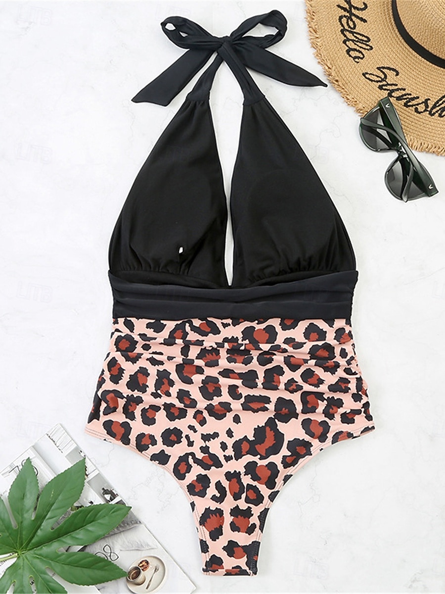 Dame Badetøy Ett stykke Monokini Badedrakt Åpen rygg Midjekontroll Høy Midje Tynn Ferie Strand Klær Leopard Grimehals Ermeløs Badedrakter 2025 - $25.99 -P4