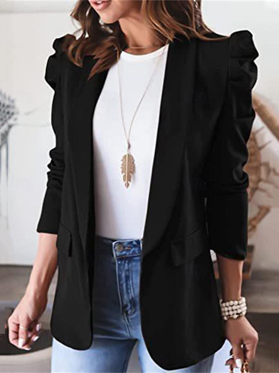 Women's Blazer Work Pocket Solid Color Breathable OL Style Regular Fit Outerwear Long Sleeve Fall Black S 2025 - $39.99 –P4