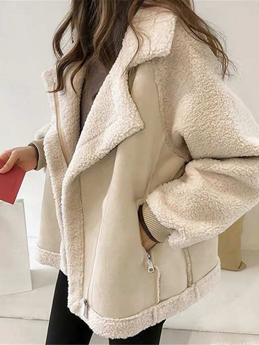 Damen Fleecejacke Teddy-Mantel warm halten Atmungsaktiv Zip Tasche Innenfutter aus Fleece Brautkleider schlicht Glatt Urlaub Strasse Freizeitskleidung Ausgehen Reisverschluss Standard Umlegekragen 2025 - $39.99 –P4