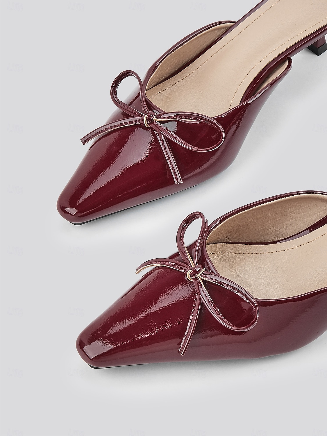 női bordó lakk műbőr öszvérek masnival - elegáns felcsúsztatható sarkú hegyes orrral az elegáns ruhákhoz 2025 - $46.99 –P3